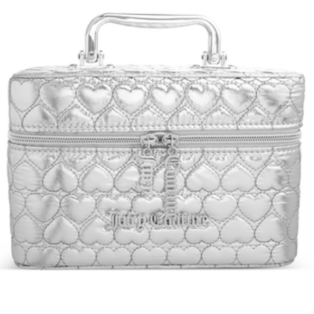 JUICY COUTURE SILVER METALLIC PUFFER MAKEUP TRAIN CASE